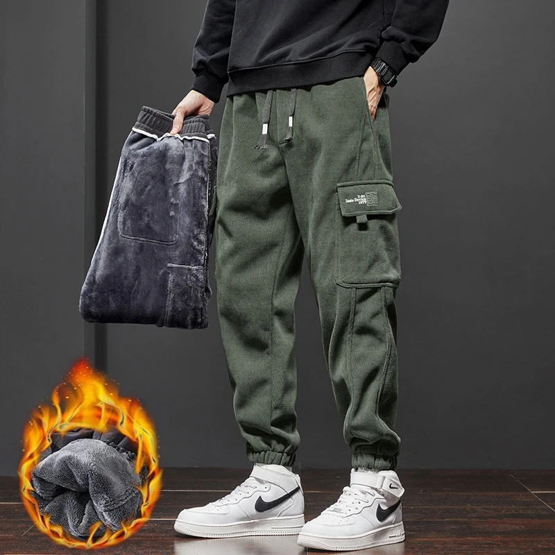

Winter Men's Fleece Warm Cargo Corduroy Pants Jogging Sweatpants Work Korean Pants Loose Casual Trouser for Men