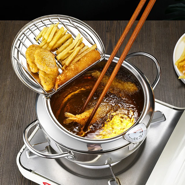 Japanese Deep Frying Pot With A Thermometer And A Lid 304 Stainless Steel  Kitchen Tempura Fryer Pan 20 24 Cm - Pans - AliExpress