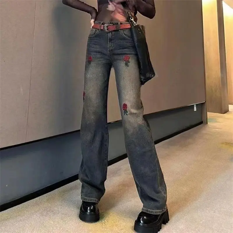 Women's Solid Button Zipper Embroidery Jeans 2023 Autumn and Winter High Waist Loose Large Fashion Vintage Straight Leg Pants