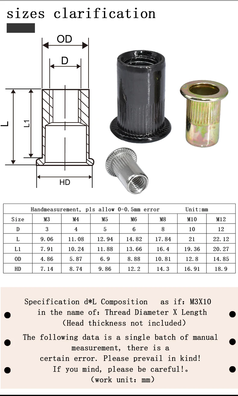 Description Picture 3 of itemM3 M4 M5 M6 M8 M10 304 Stainless/Carbon Steel/Zinc Pop Rivet Nut Flat Head Threaded Nuts Metal Aluminum Alloy Flange Rivet Nuts
