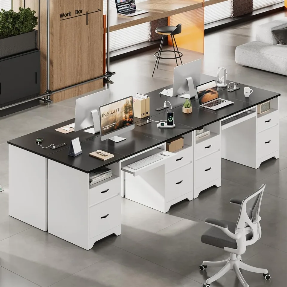 モダンな木製エグゼクティブデスク（4つの引き出し、収納、充電