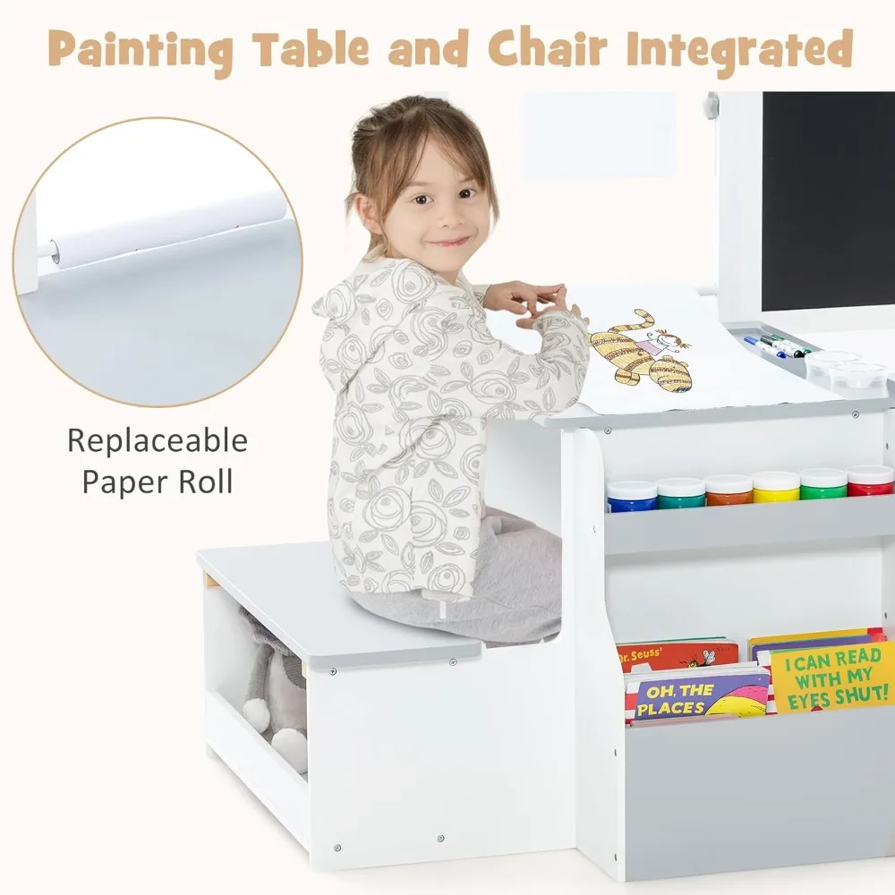 3 in 1 Kids Art Table and Chair Set, Toddler Craft and Play Wood Activity Desk with Double-Sided Easel Blackboard Whiteboard 2