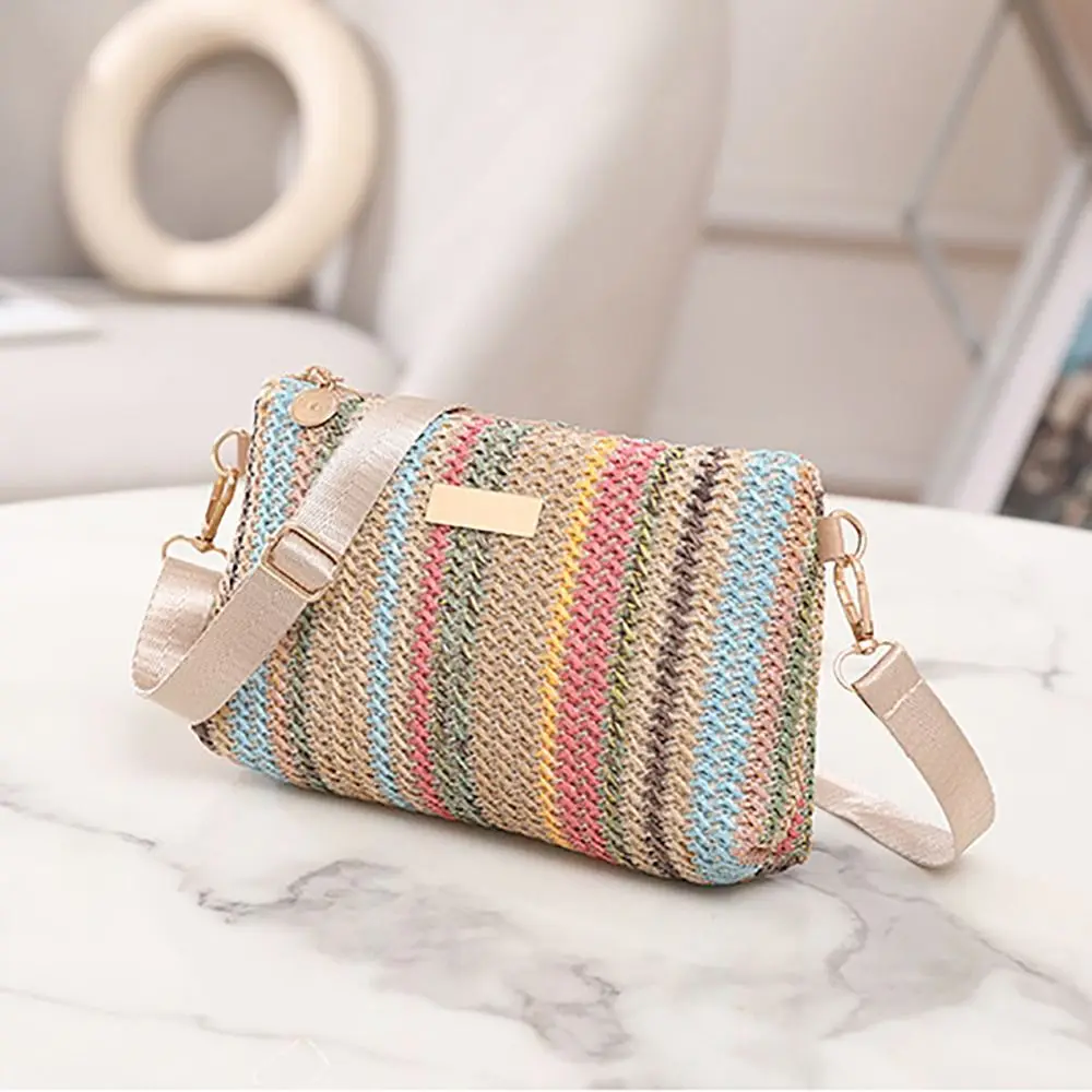 Fashion Colorful Rainbow Woven Bag Travel Organizer Adjustable Strap Girls Shoulder Bag Portable Messenger Bag Daily
