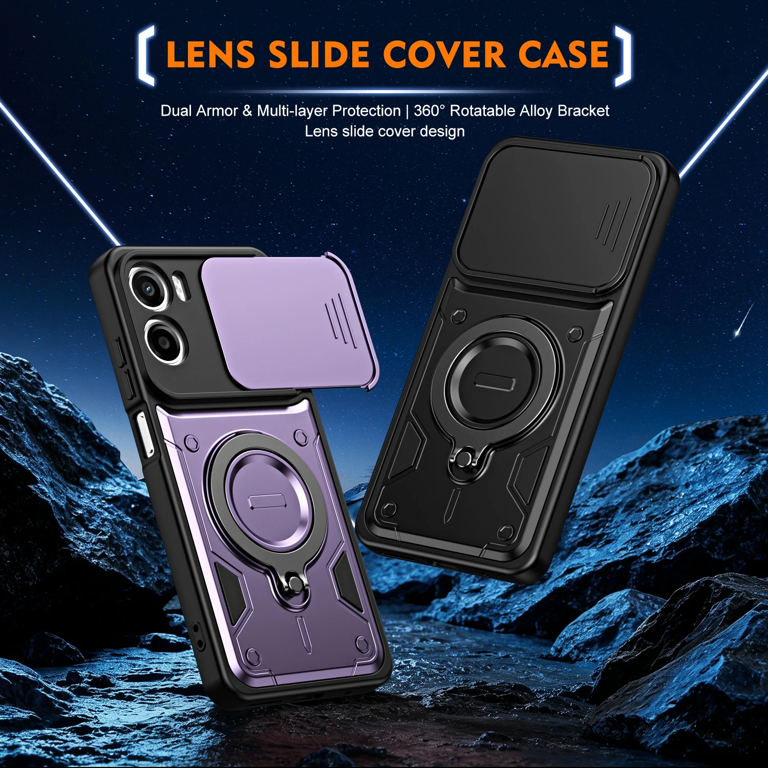 Rugged Armor Shockproof Phone Case with Slide Camera Lens Protection and Ring Stand