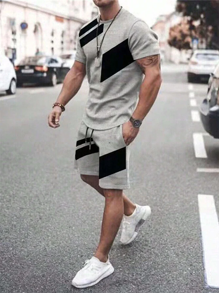 Patchwork Color Block Printed Men's T-shirt Shorts Set Summer Daily Casual Men's Short-sleeved Top Street Fashion Shorts