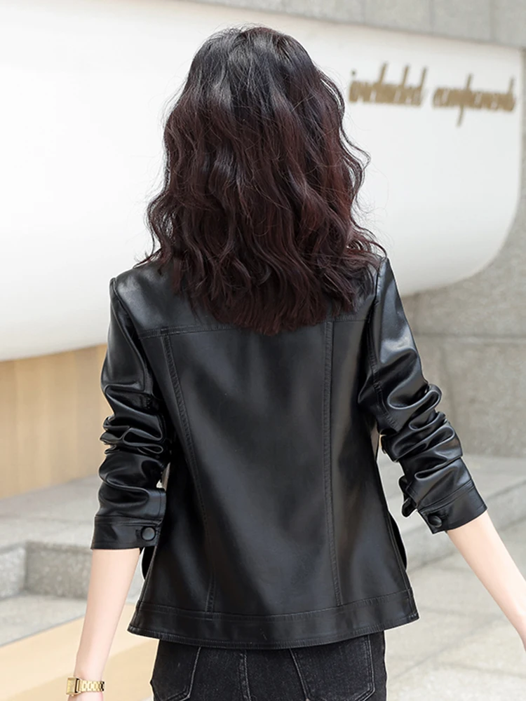 New Women Leather Jacket Spring Autumn Fashion Casual Turn-down Collar Soft Sheep Leather Coat Short Slim Outerwear Female