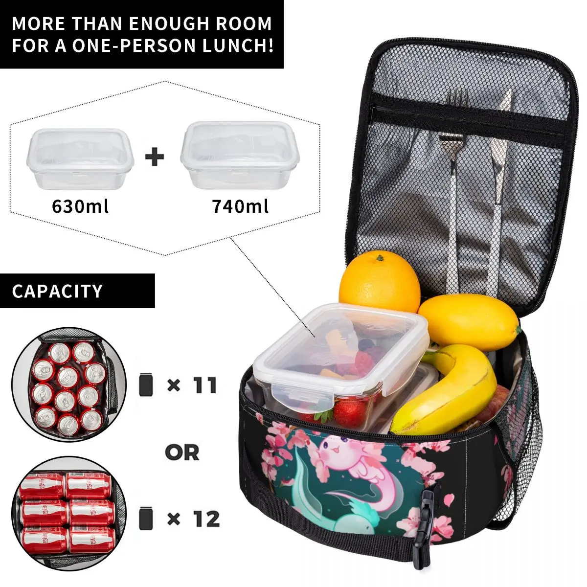Axolotl Yin Yang Cherry Blossoms Insulated Lunch Bag Portable Salamander Animal Cooler Thermal Bento Box Beach Camping Travel