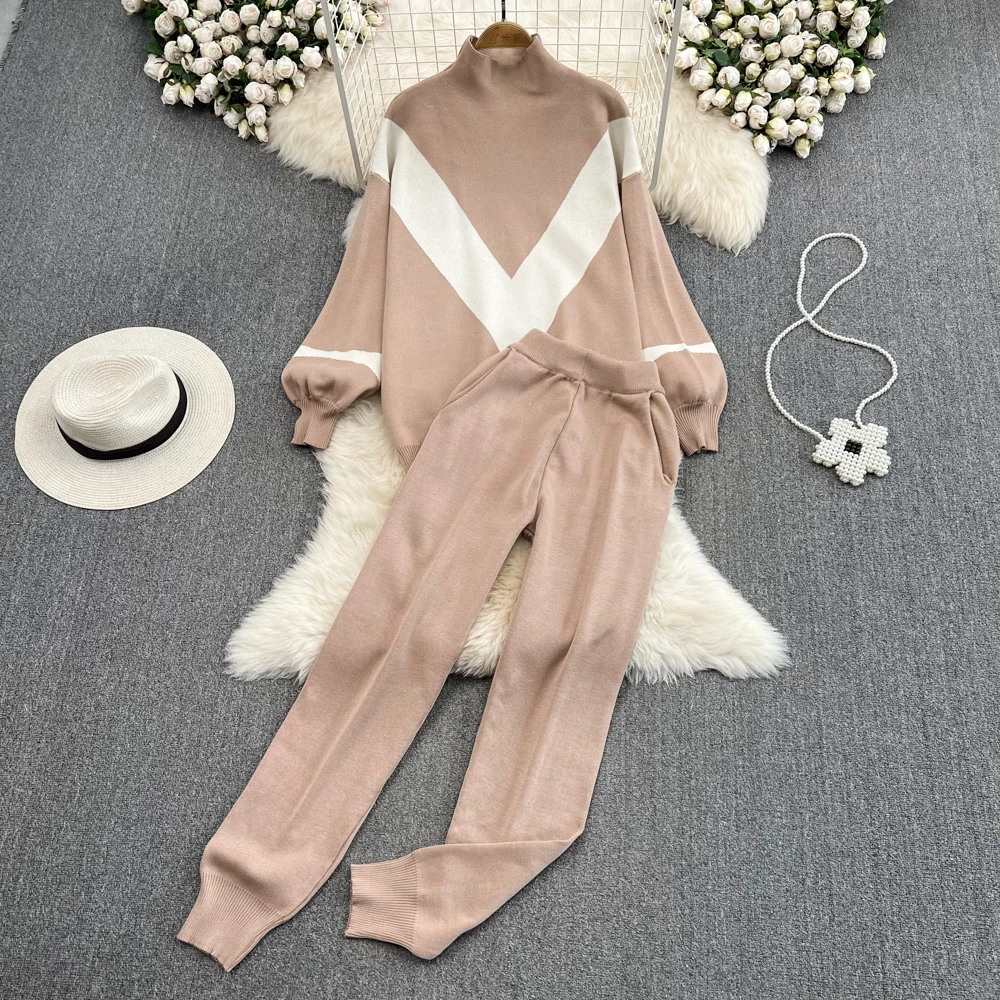 

New Autumn Pantsuits 2 Pieces Set Women Knitted Turtleneck Sweater Casual Tracksuit Fashion Female Tops and Pants Outfits