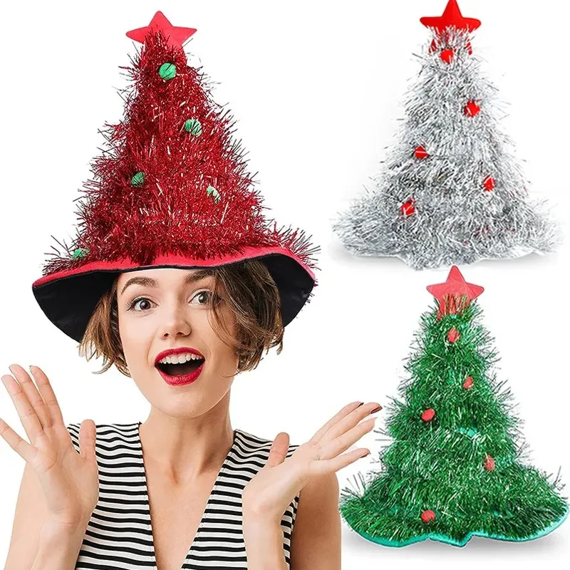 Christmas Tree Hats Fabric Rain Silk Hat for Adults Kids Funny Santa Hat with Tinsel Xmas Holiday Party Costume New Year Decor
