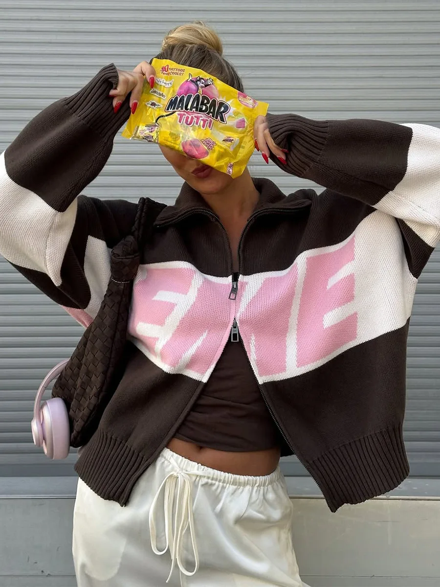 Bornladies Women's New Autumn Winter Knit Sweater Cardigan Collar Design Loose Letter Print Fit Lazy Style Jumpers