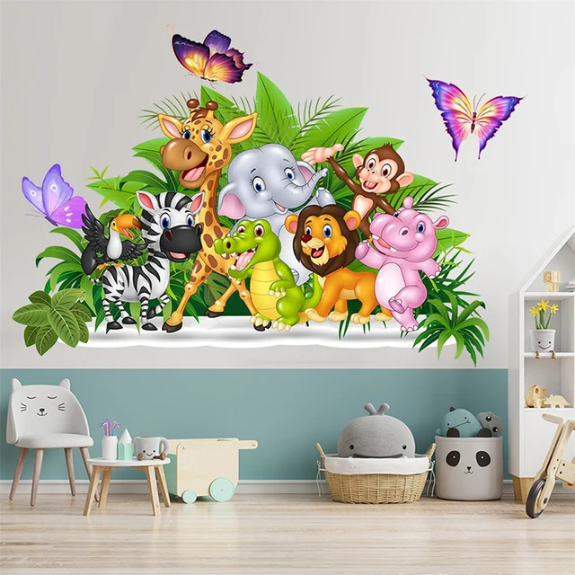 Adesivi Murali Animali Giungla – Giraffa, Zebra, Elefante E Foglie – Decalcomanie Rimovibili Per Cameretta Bambini (97x40 Cm) - 4
