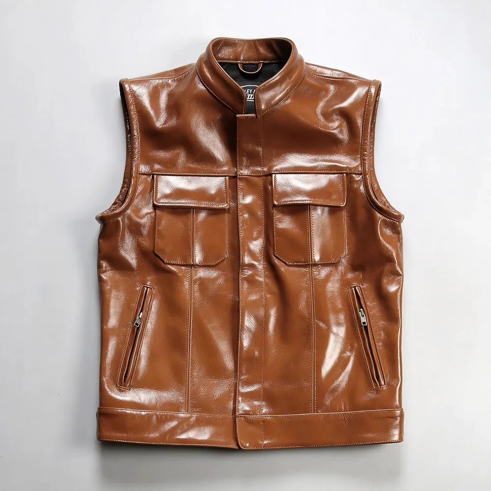 

Son chaos biker riding leather coat men women standing collar Fashion casual club heavy machine 1.2mm thick oil wax cowhide vest
