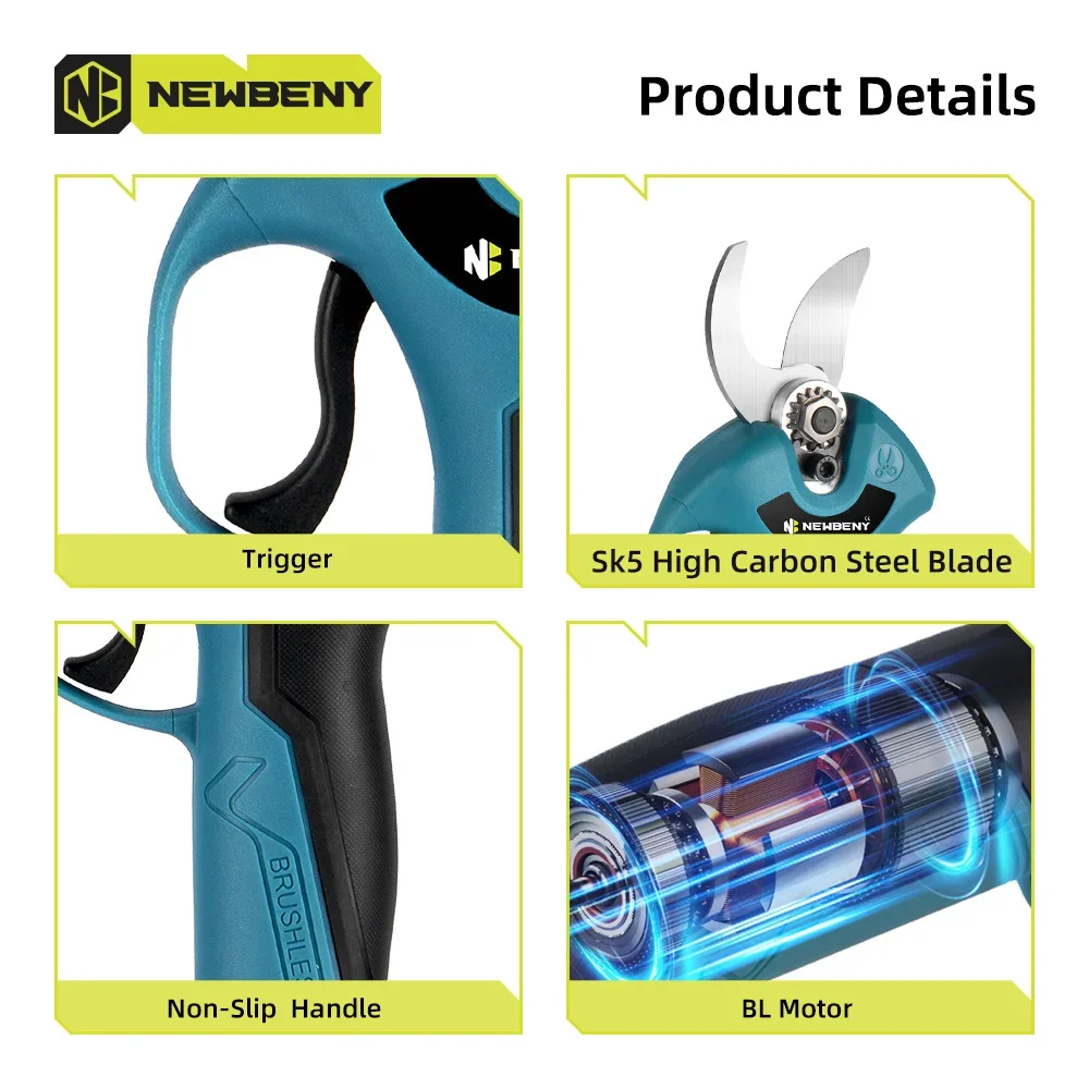 NEWBENY 30mm Brushless Electric Pruning Shears 4 Gear Electric Scissors Orchard Shrub Branch Pruning Tool For Makita 18V Battery 5