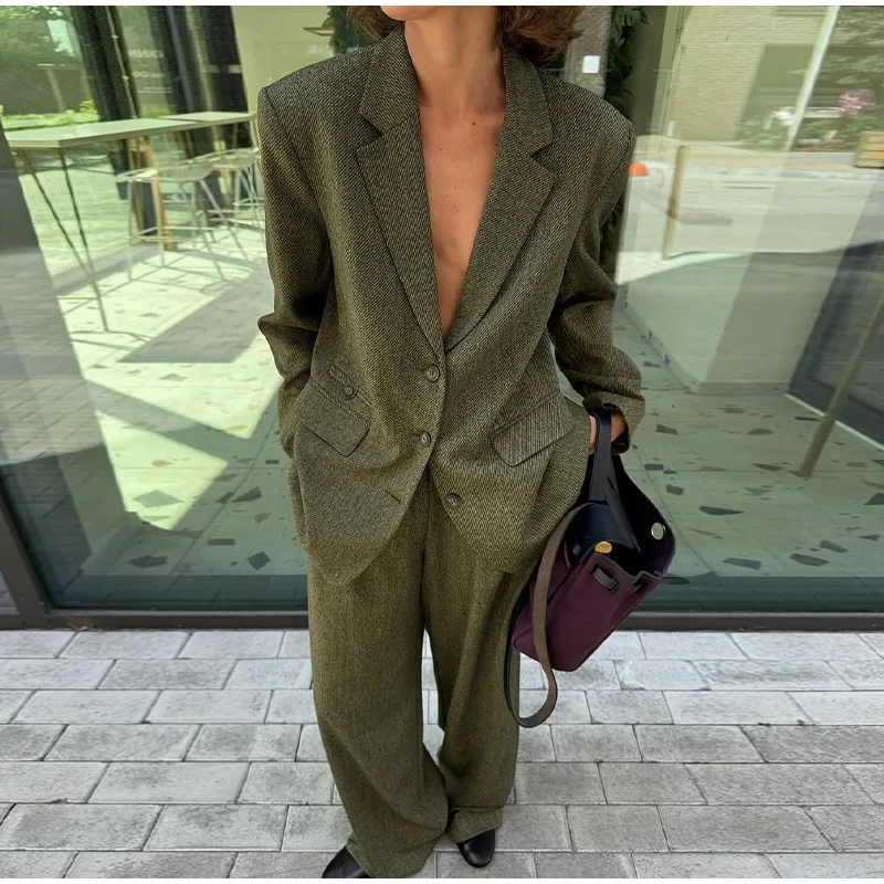 Elegant Coat Pant Sets Woman Fashion Lapel Long Sleeve Single Breasted Blazer Wide Leg Pants 2 Piece Set For Women Loose Outfits
