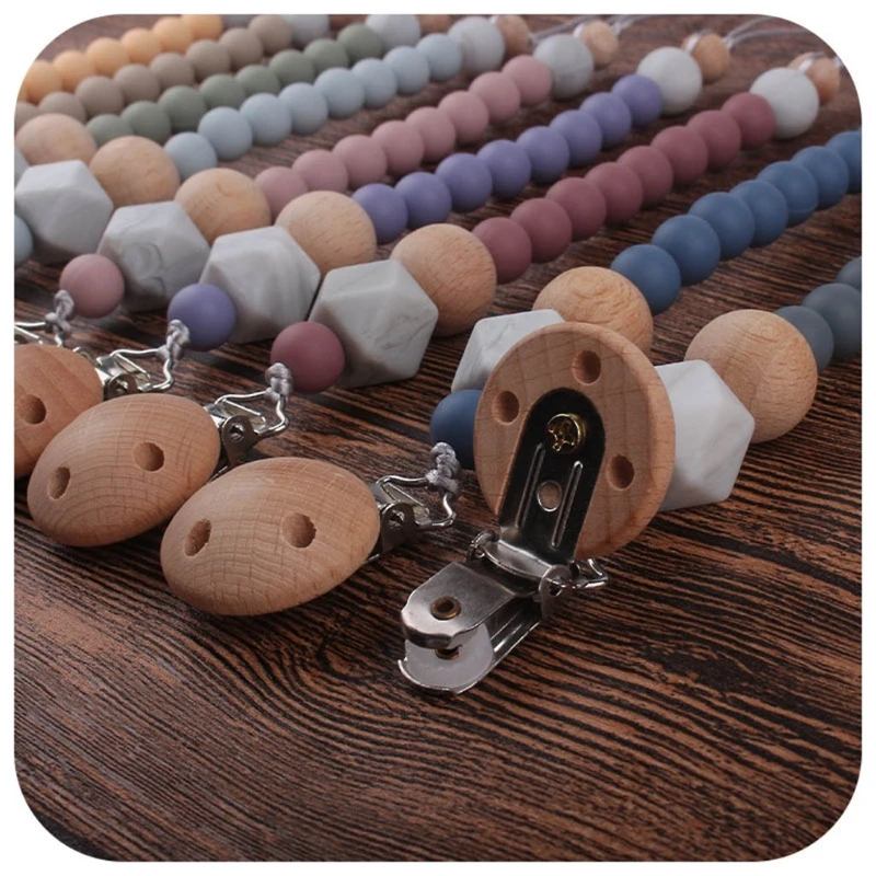 

Newborn Pacifier Beech Clip Chain Silicone Beads Nipple Soother Holder Baby Teething Chewing