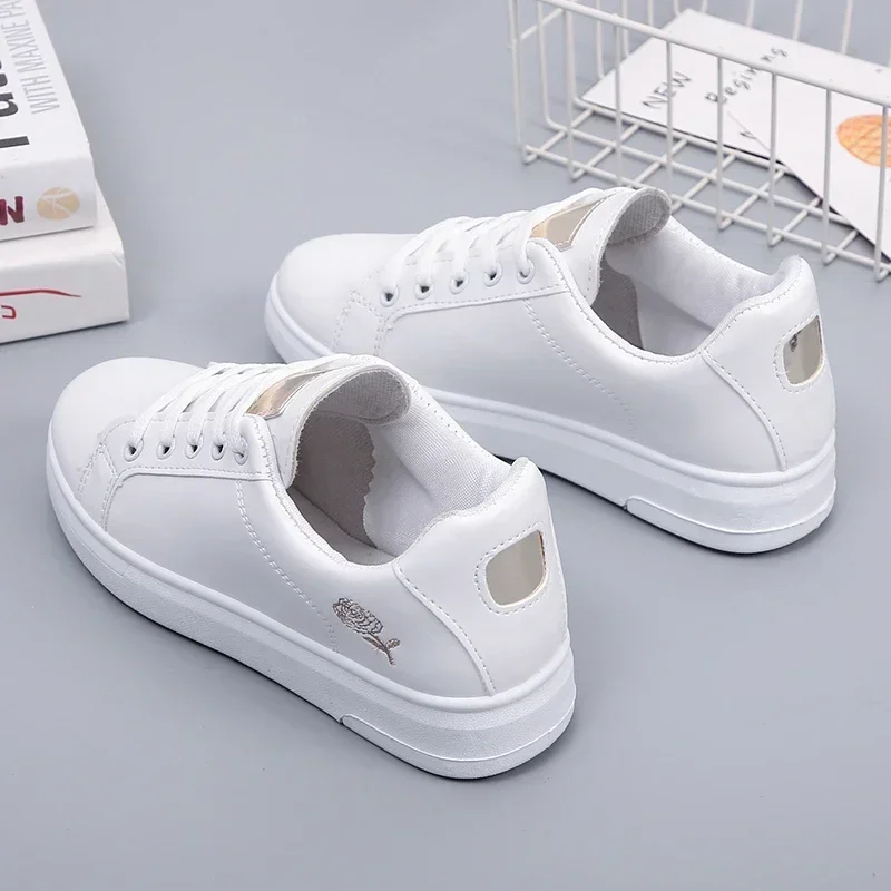 Baskets Blanches Brodées en Cuir PU pour Femme, Chaussures Décontractées, Respirantes, à Fleurs, à Lacets, Nouvelle Collection 4