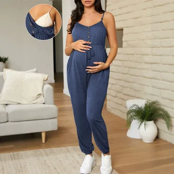 Maternity Women Breastfeeding Jumpsuit Pregnant Sleeveless Waist Drawstring Spaghetti Strap Romper Summer Pregnancy Clothing