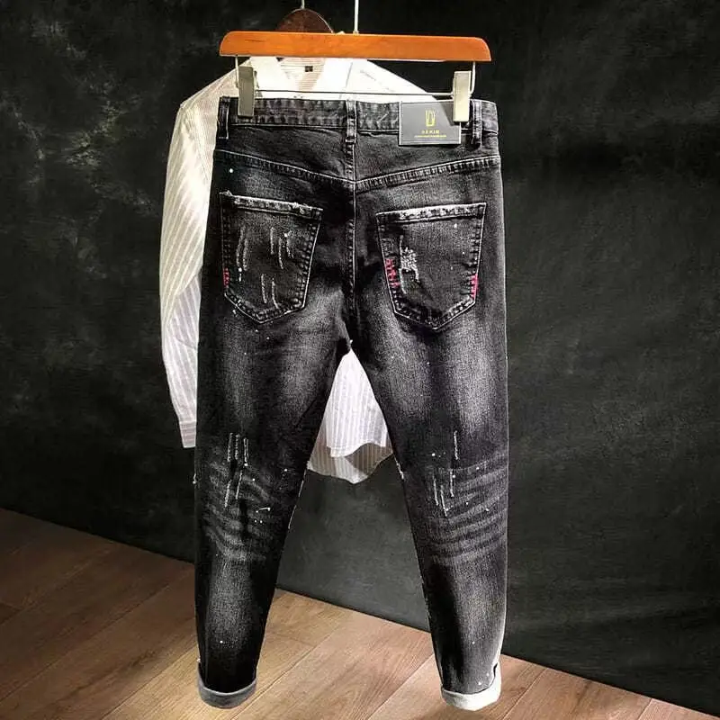 Ripped Jeans Men's Autumn Korean Style Work Ripped Hole Cowboy Hip Hop Dotting Ink Slim Luxury Denim Pants
