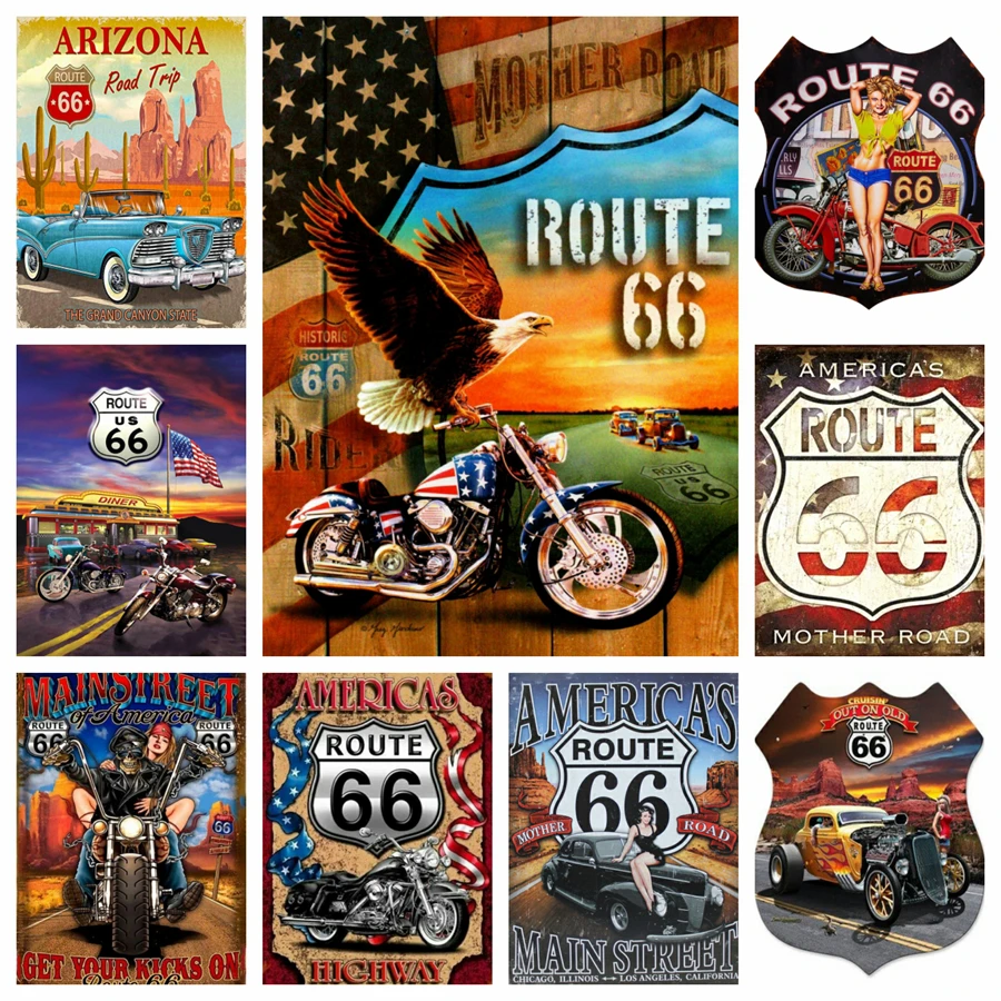 Diamond Painting Vintage Route 66 Cafe American Diamond Painting Cars And Motorcycle Street Landscape Embroidery Cross Stitch Wall Art Decor
