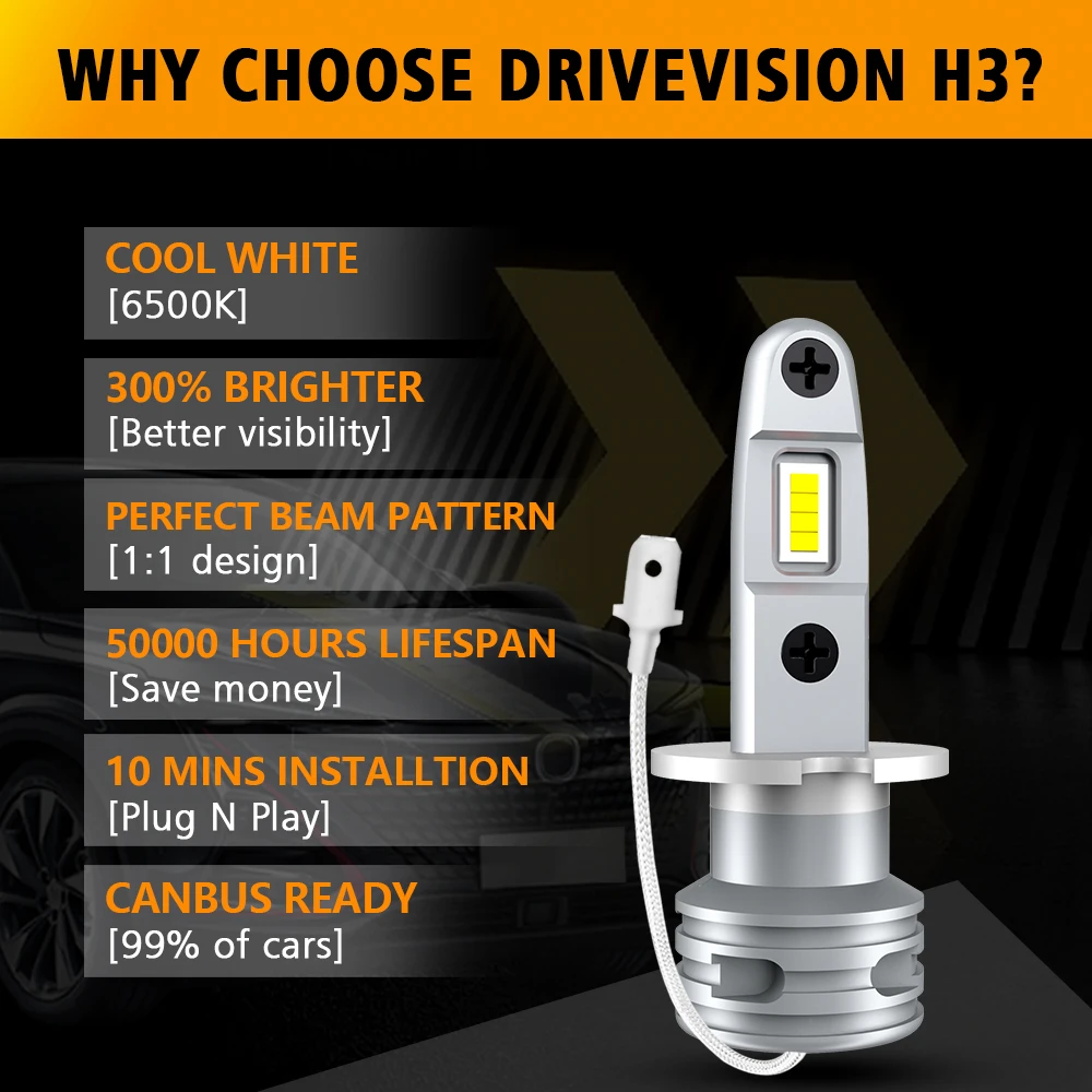 DriveVision-H3 LED 안개등 전구, 6500K 화이트, 자동차 운전 러닝 램프 전조등 DRL 자동 LED 조명 CSP 12V 1:1 디자인, 2 개