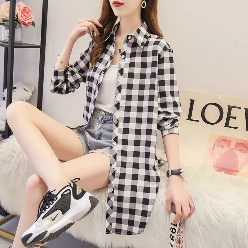 Spring Summer Thin Blended Women's Clothing Korean Plaid Single Breasted Mid-length Turn-down Collar Spliced Women Shirt Trend