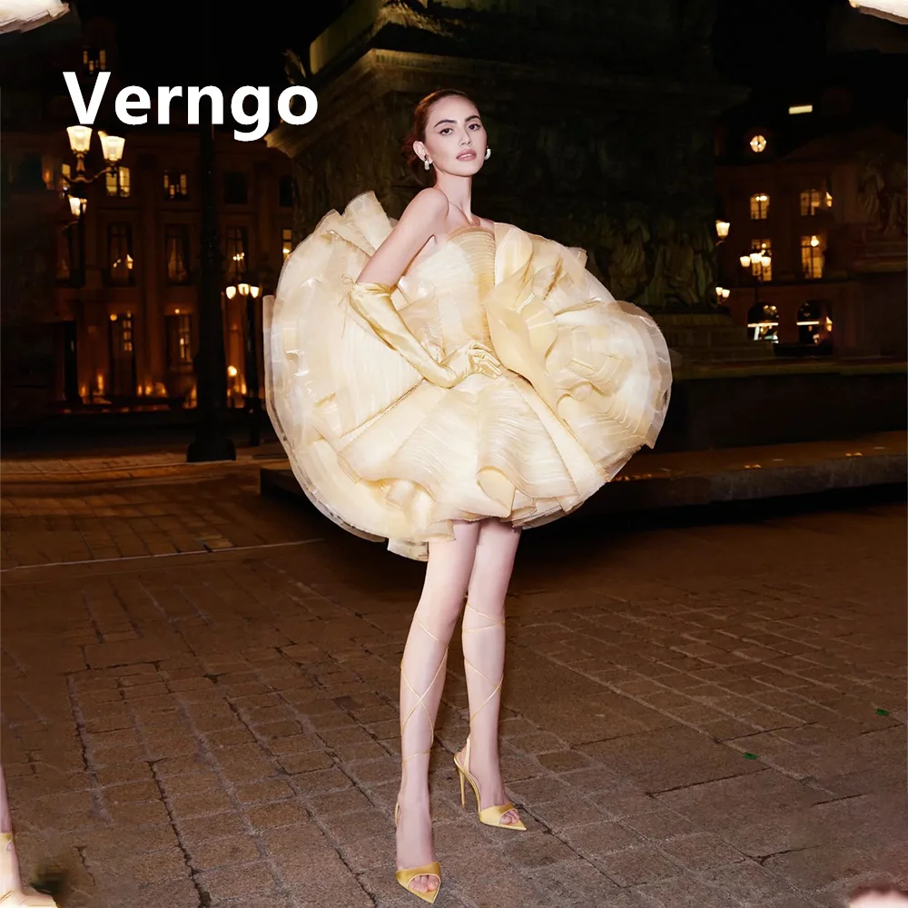 

Verngo Blush Yellow Mini Party Dress Strapless A Line Short Prom Gowns For Women Simple Tiered Tulle Ball Gowns Formal Dress