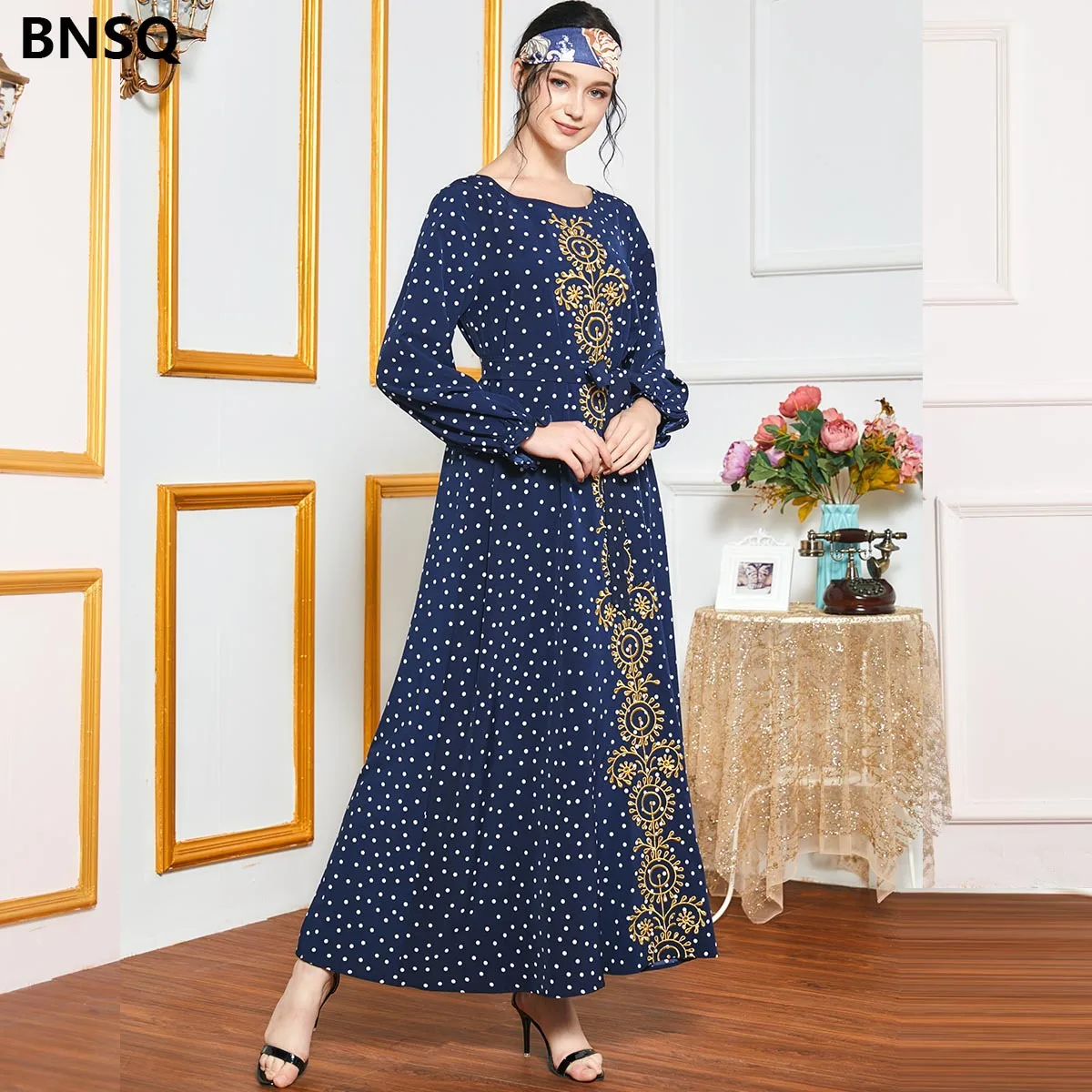 

Embroidery Printed Dots Long Dress Long Sleeve Modest Dress Muslim Fashion Abayas Robe Dress African Long Dresses for Women