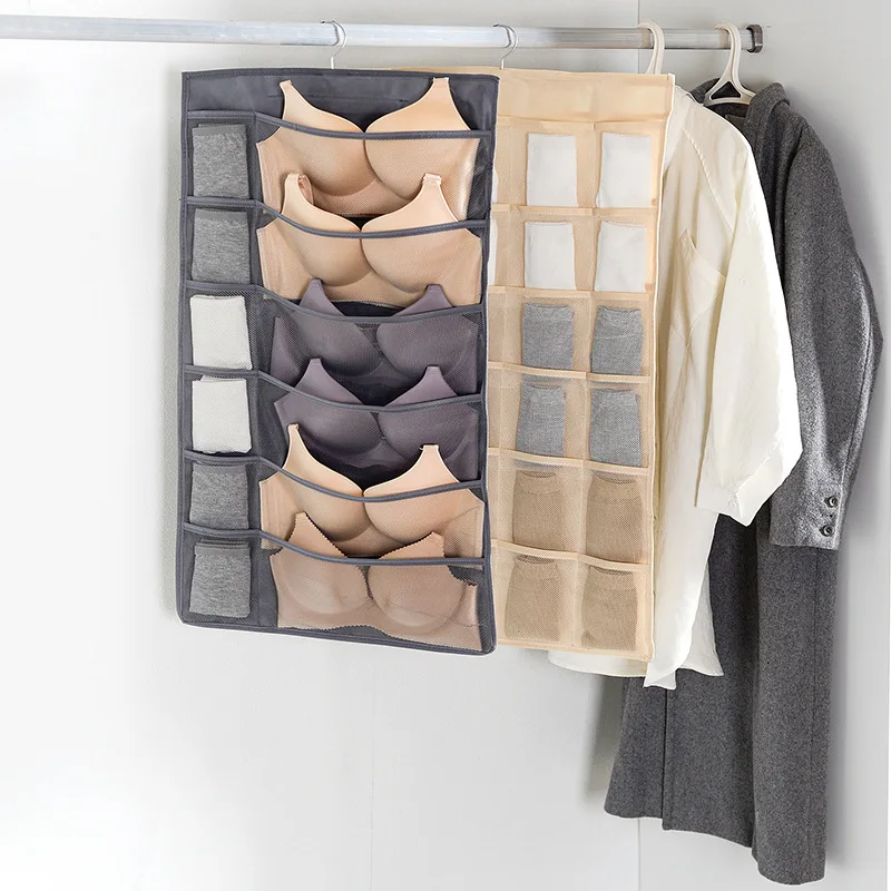 Non-Woven Double-Sided Underwear Storage Bag Wardrobe Hanging Bag Folding Clothing Organizer Transparent Socks Bra Storage Bags 3