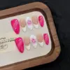 10pcs Rose Pink Almond Handmade Fake Nail Exquisite Hand-carved Ice Flower Rhinestone Press On Nails White French Tip False Nail