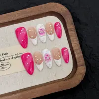 10pcs Rose Pink Almond Handmade Fake Nail Exquisite Hand-carved Ice Flower Rhinestone Press On Nails White French Tip False Nail