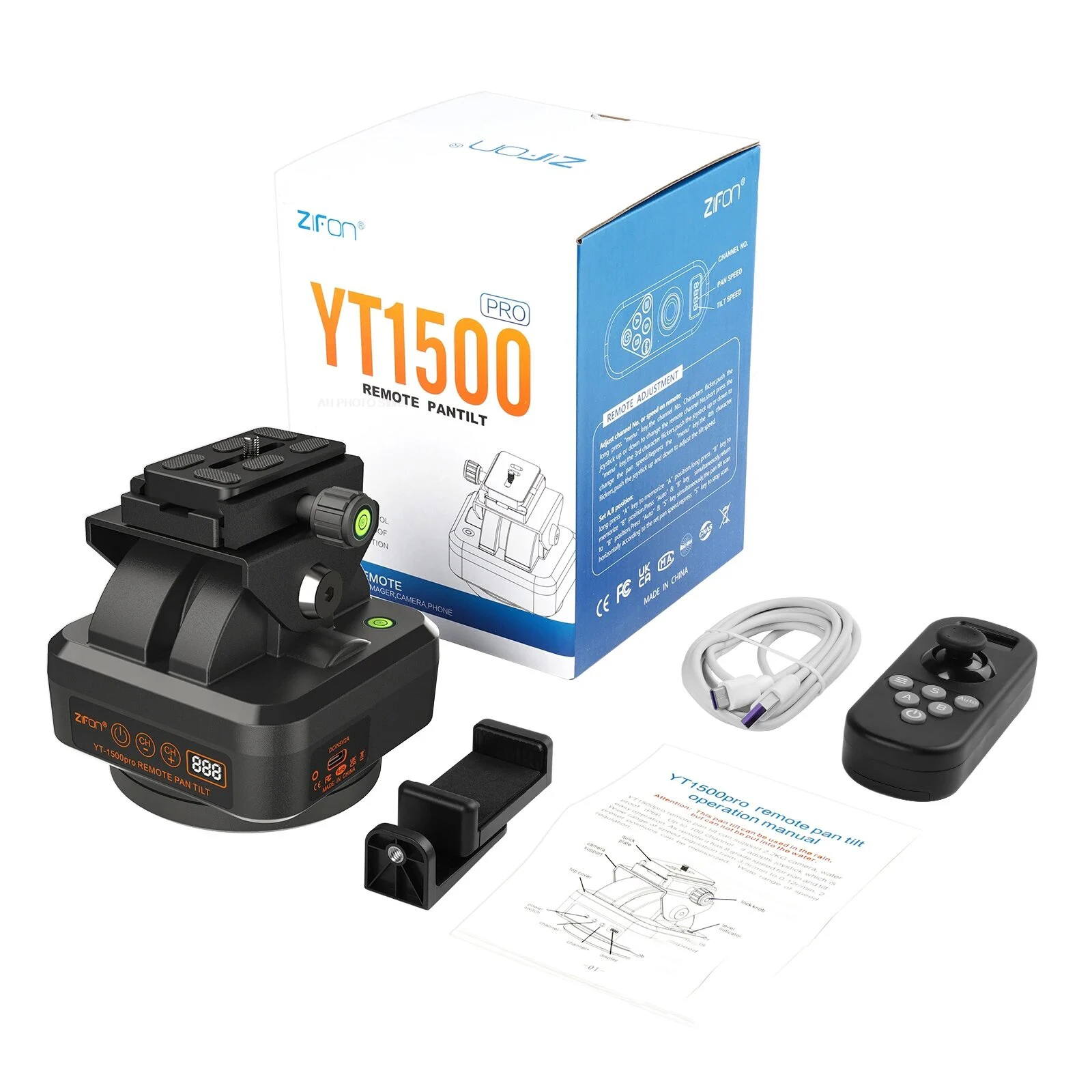 ZIFON Remote Control Pan Tilt Motorized Tripod Head Electric Rotation Panoramic Head Max Load 2.2kg Waterproof