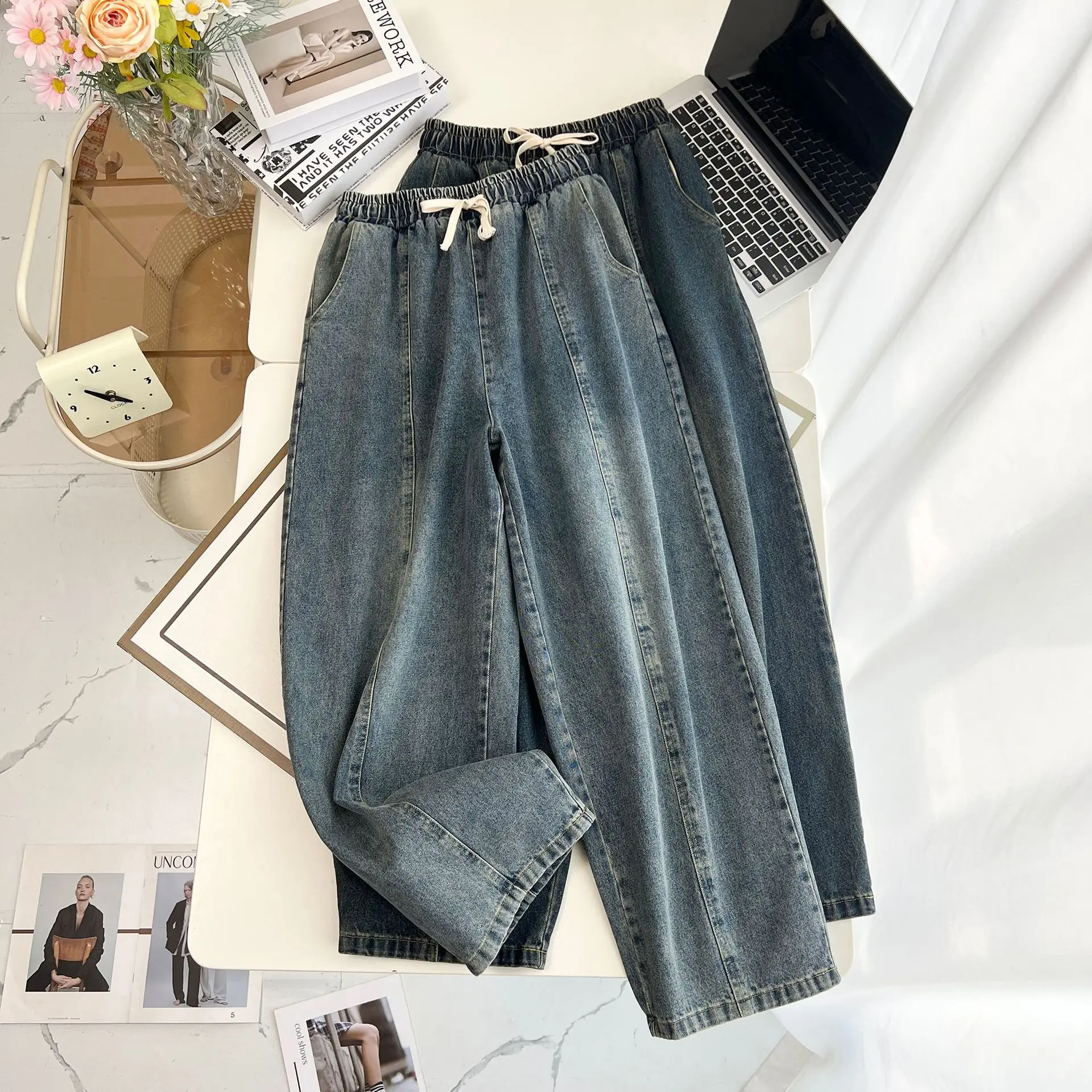 Spring 2025 Plus Size Women's Harem Jeans New Casual high-waisted Denim Curved 100KG Long Pants 8022