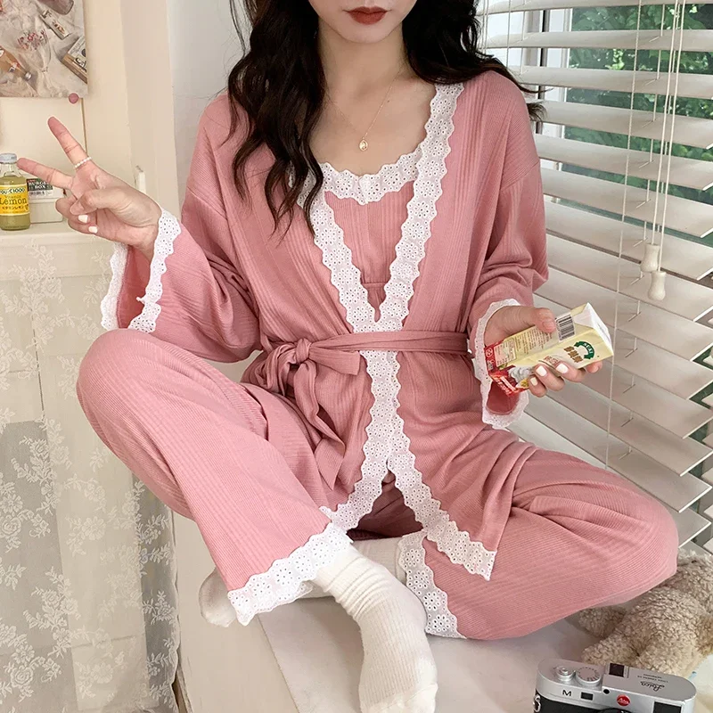 Lace Patchwork Cotton Maternity Nursing Sleepwear Elegant Loose Pajamas Suit for Pregnancy Women Home Sleep Lounge Wear 3PCS Set 4