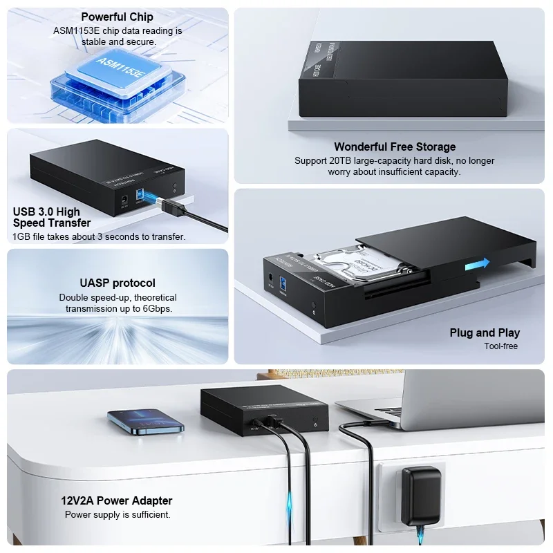 RSHTECH Hard Drive Enclosure USB 3.0 to SATA External Hard Drive Docking Station for 2.5/3.5" SATA I/II/III HDD SSD Up to 20TB