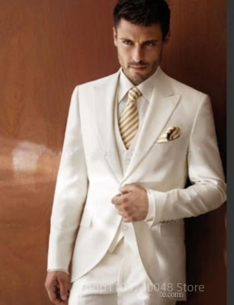 Formal Slim Fit Ivory Men's 3 Piece Groom Tuxedos Wedding Suits Peak Lapel Jacket Vest And Pants for Business Party Prom