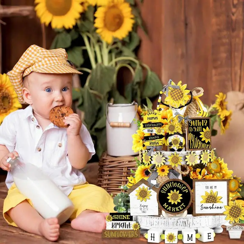 Summer Farmhouse Tiered Tray Decor 17pcs Summer Tiered Tray Decoration Set Sunflower Decor Summer Party Table Shelf Rustic Home 4