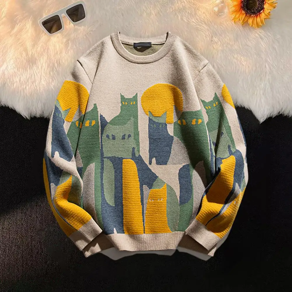 Crew Neck Pullover Sweater Cozy Cat Print Sweater for Men Thick Knitted Warm Pullover with Round Neck Unisex Mid for Winter cnhnoh round neck sweater top cosmic planet sweater men s pullover round neck clothes hoodie spring