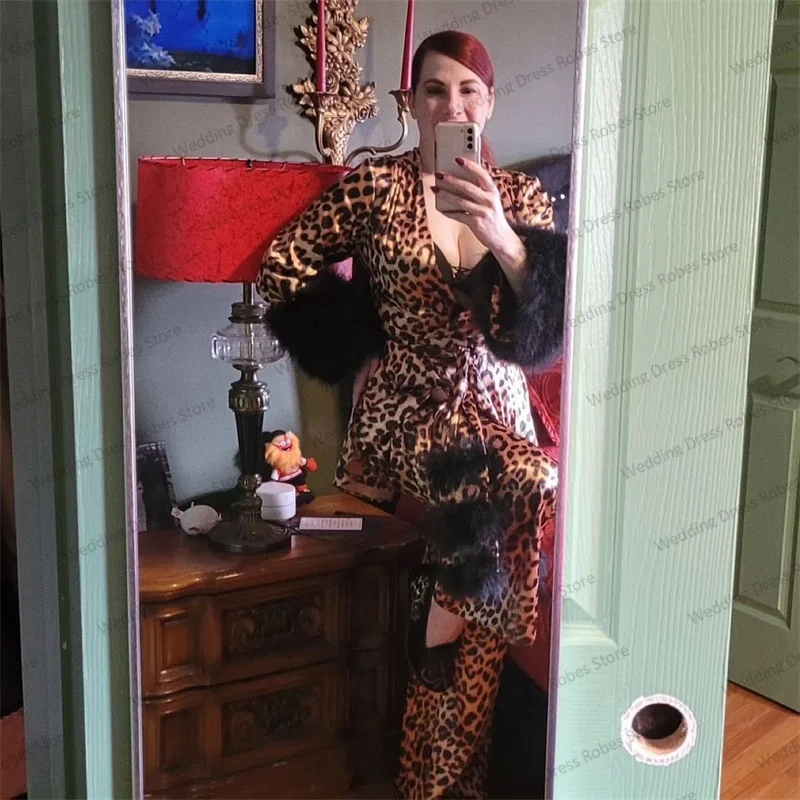 Leopard Feather Women Sleepwear Pajamas Wedding Night Dresses 2 Pieces Cloth+Pants Set Silk Satin With Belt Photoshoot Tailored