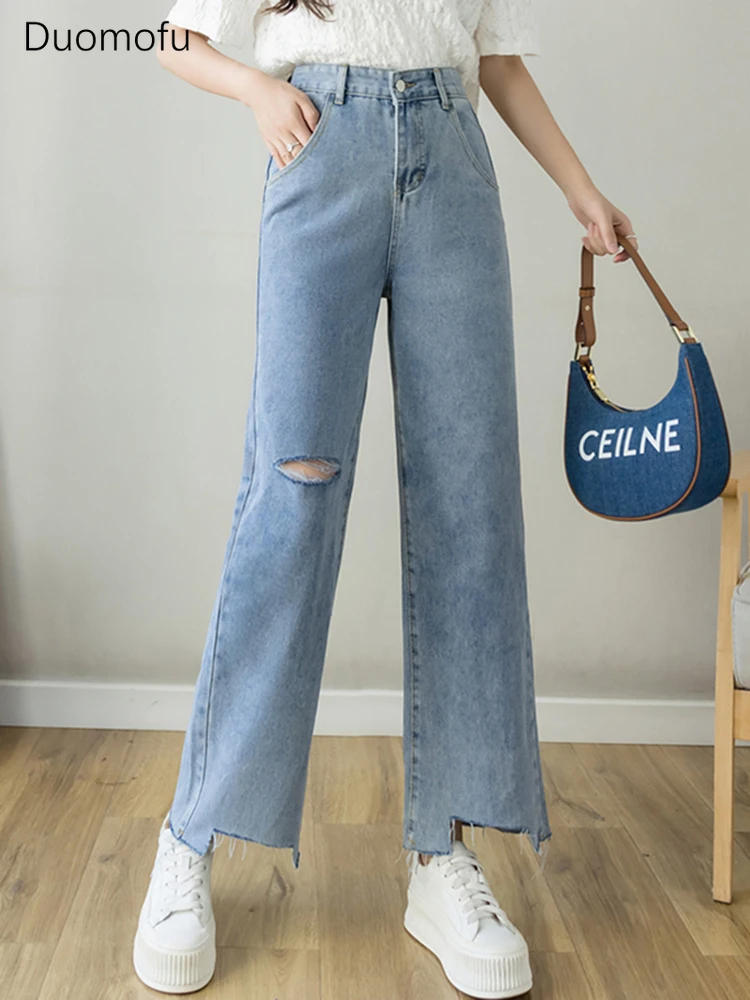 

Duomofu Summer Classic Irregular Straight Loose Female Jeans Basic High Waist Slim Fashion Hollow Out Simple Casual Women Jeans