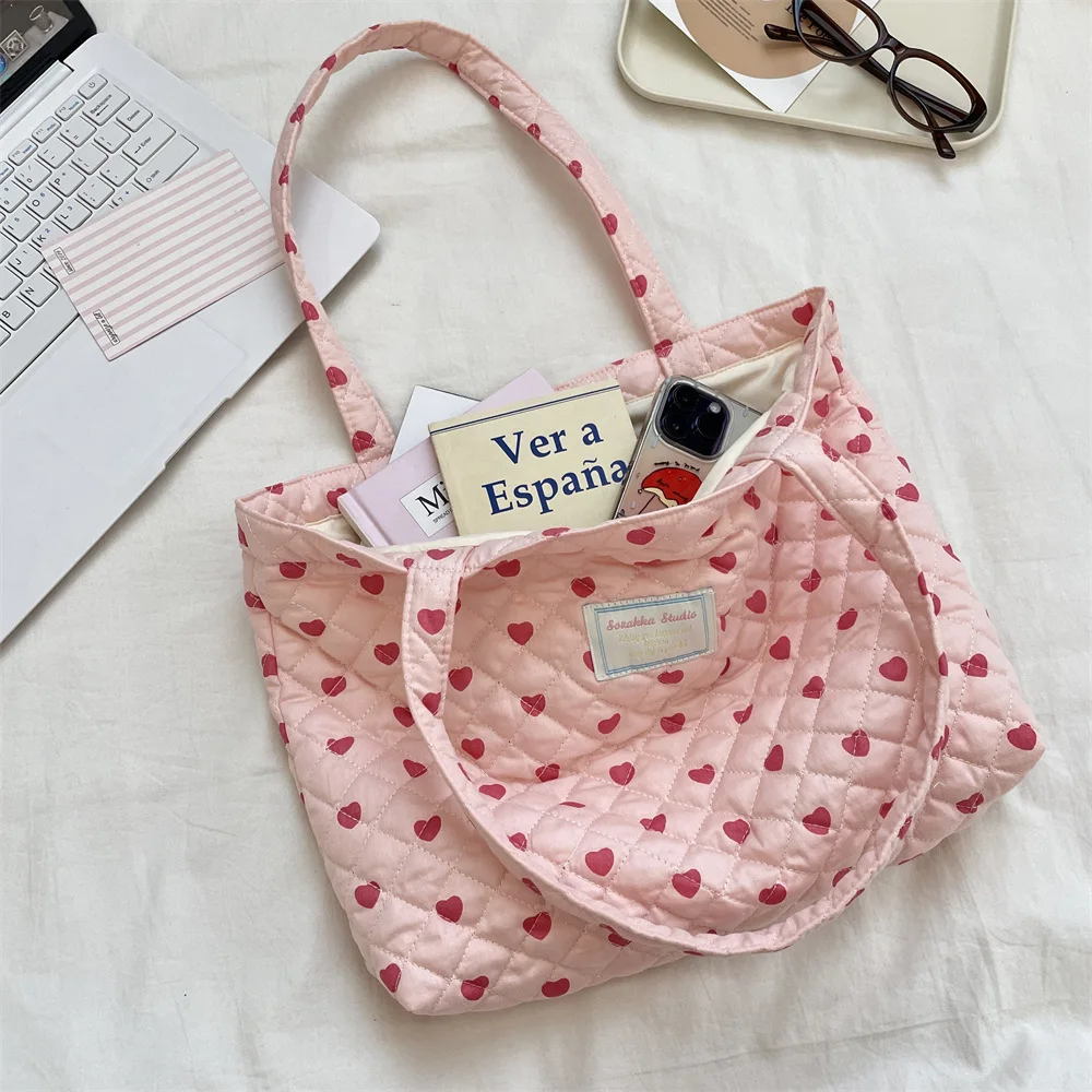 Quilted Cotton Women's Handle Shoulder Bags Simple Plaid Heart Female Shopping Bag Large Capacity Grils Tote Shopper Handbags