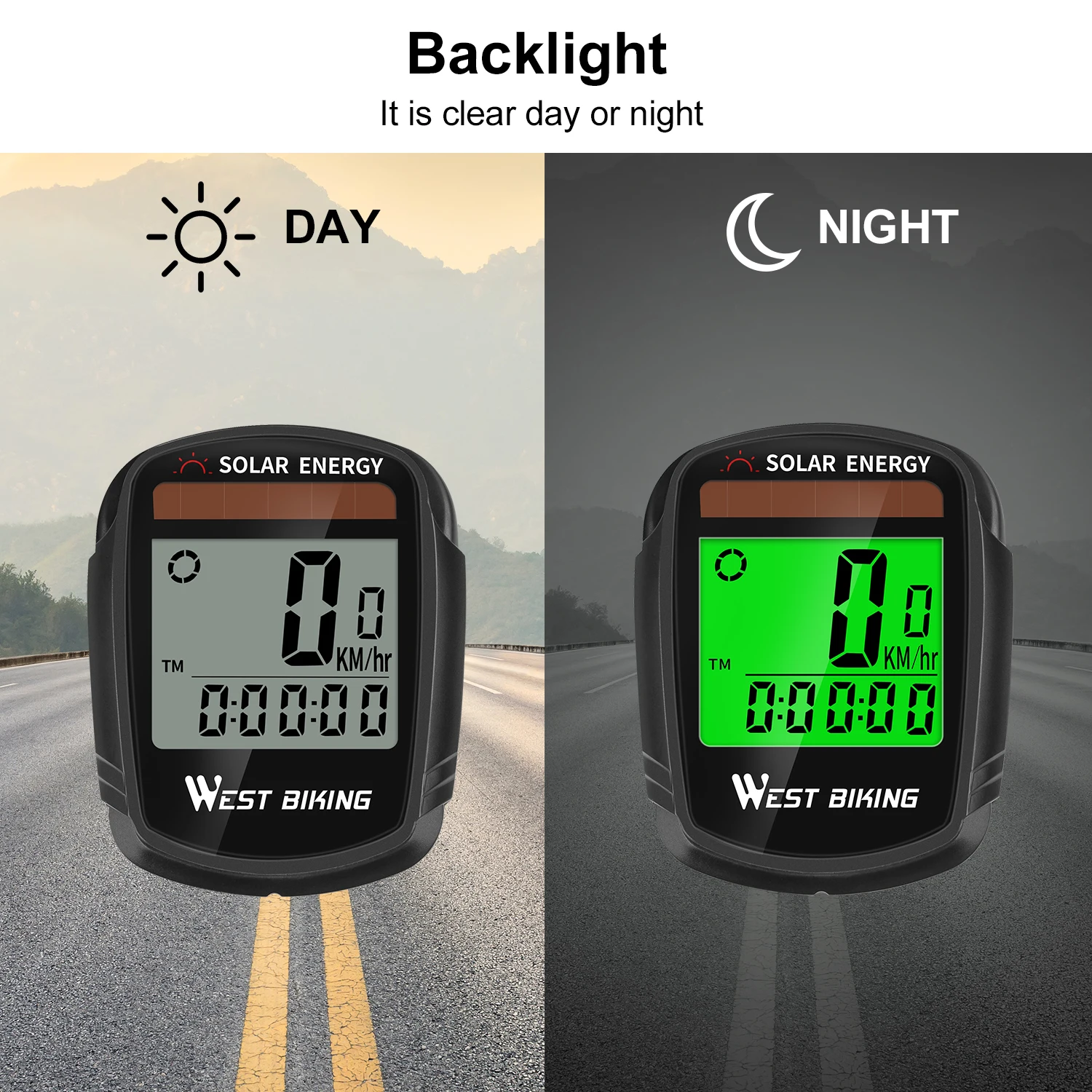 West Biking YP0702040 Cykelcomputer Trådløs Speedometer Kilometertæller Solar - Image 2