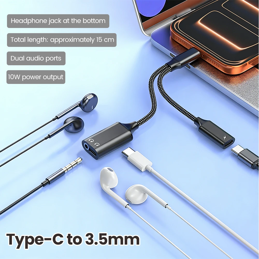3 in 1 고속 충전 어댑터 케이블 C타입 to 듀얼 C타입/3.5mm 잭 오디오 어댑터 케이블 헤드폰 어댑터 (아이폰16, 15, 삼성용)
