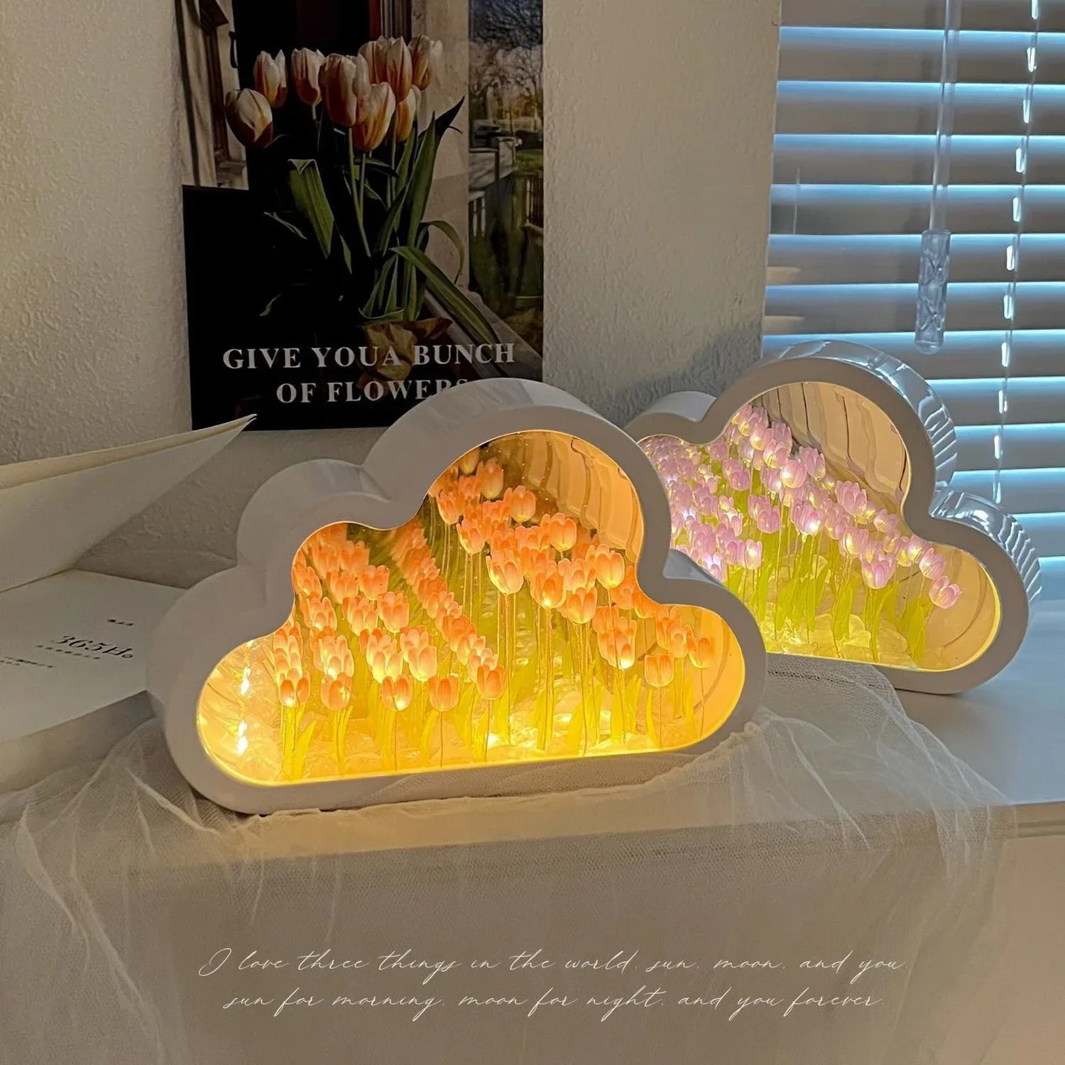 

DIY LED Night Light Romantic Cloud Tulip Girl Bedroom Photo Frame Decorative Mirrors Table Lamps Bedside Handmade Birthday Gifts