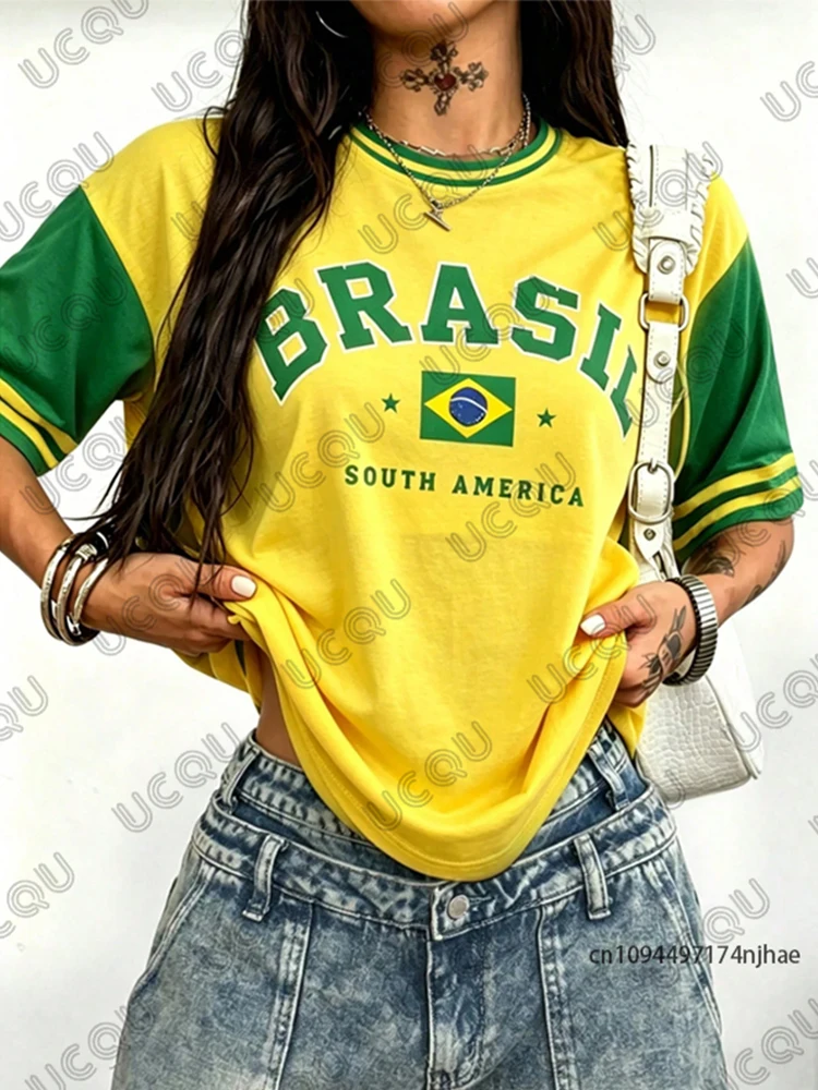 Sommerliches neues T-Shirt mit Brasilien-Print für Damen, Patchwork, O-Ausschnitt, Kurzarm, Sport-T-Shirt, Fußballtrikot, Y2K, locker geschnittenes Oversize-Oberteil