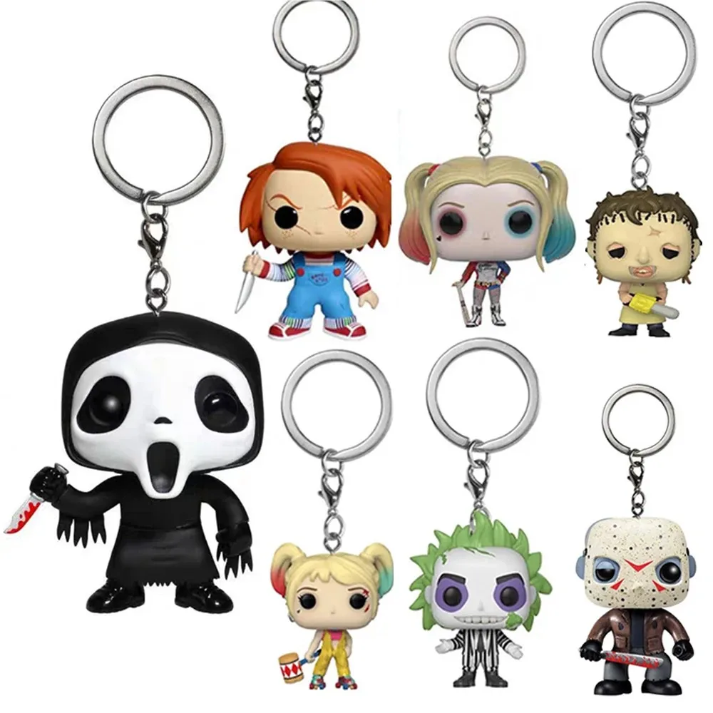 Funko Anime Schlüsselanhänger Scream Ghostface Beetlejuice Terror Ghost Quinn Schlüsselanhänger Gruselige Clown-Puppe Anhänger Schlüsselanhänger Taschen-Schmuck