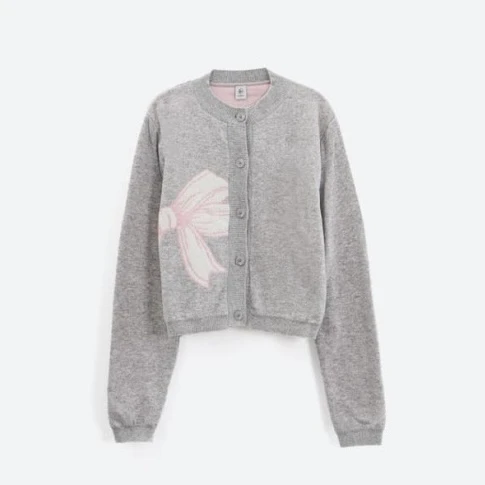 Sweet Sle RonRon  Knot Embroidered Knitted ort Cardigan Sweater Open Front Long Sve round Ne Regular Length