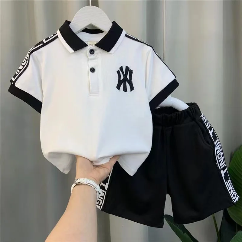 

2023 Summer Outfits for Baby Boy 1 to 8 Years Old Turn-down Collar T-shirts Tops and Shorts 2PCS Boutique Infant Clothing Sets