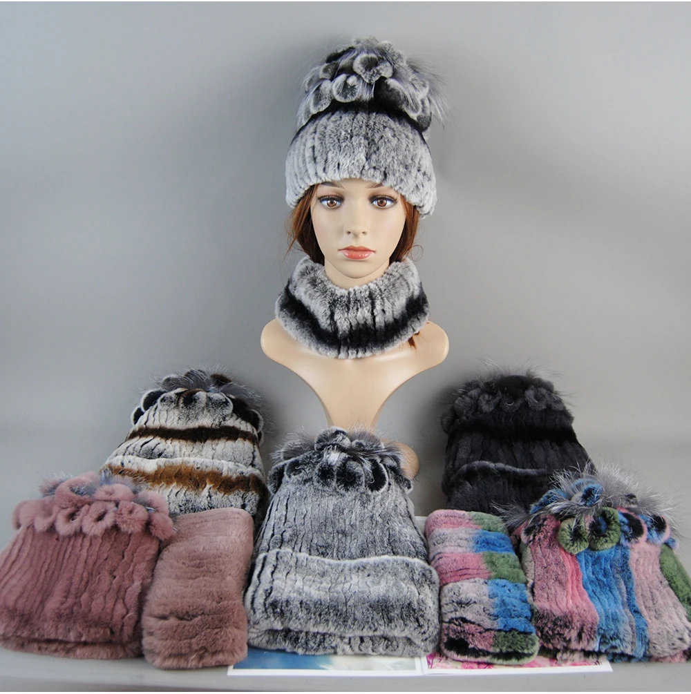 Real Rex Rabbit Fur Hat And Scarf Set Women Winter Knitted Beanie Hat Natural Fur Skullies Beanies Woman Hat Female Cap Elastic