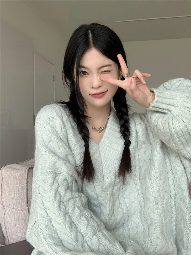 Oversized Sweater Women Fashion Preppy Pink V Neck Knitted Pullovers Harajuku Korean Long Sleeve Knitwear Winter Jumpers