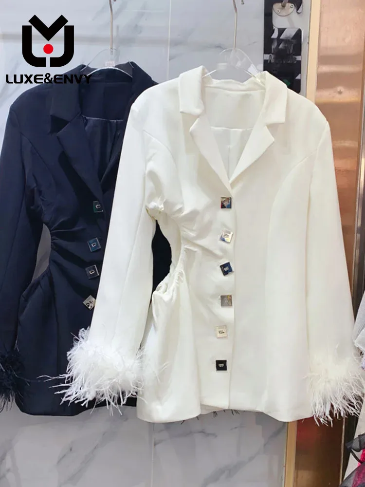 

LUXE&ENVY French Careful Machine Hollow Open Waist Lapel Single Row Shoulder Pad Long Sleeve Ostrich Hair Suit Coat 2023 Autumn